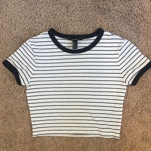 WHITE WITH BLACK STRIPES SHORT SLEEVE CROP TOP